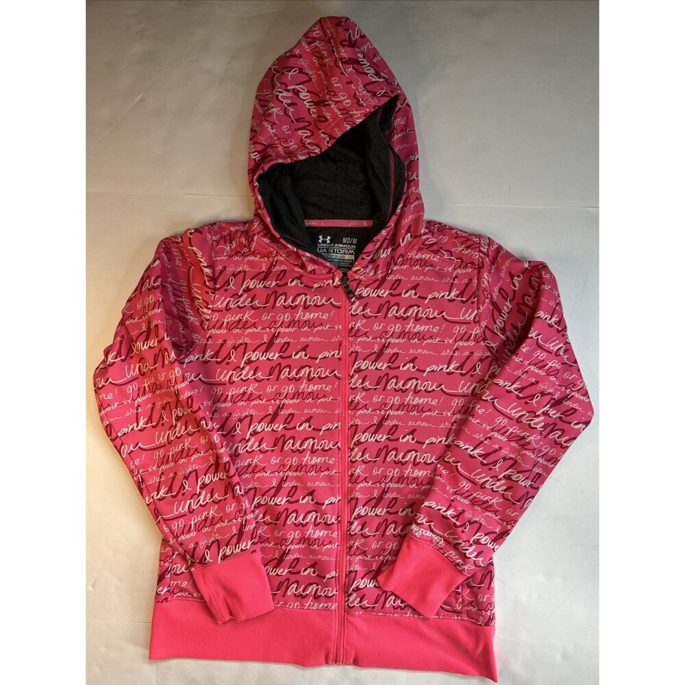 Under Armour Storm Semi Fitted Hoodie Power In Pink Breast Cancer Print Zip Sz M
